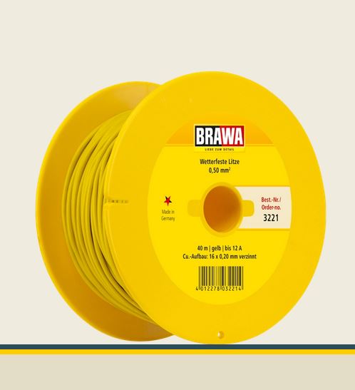 Brawa 3221 Wetterfeste Litze 0,50 mm² gelb 40-m Spule Neu OVP