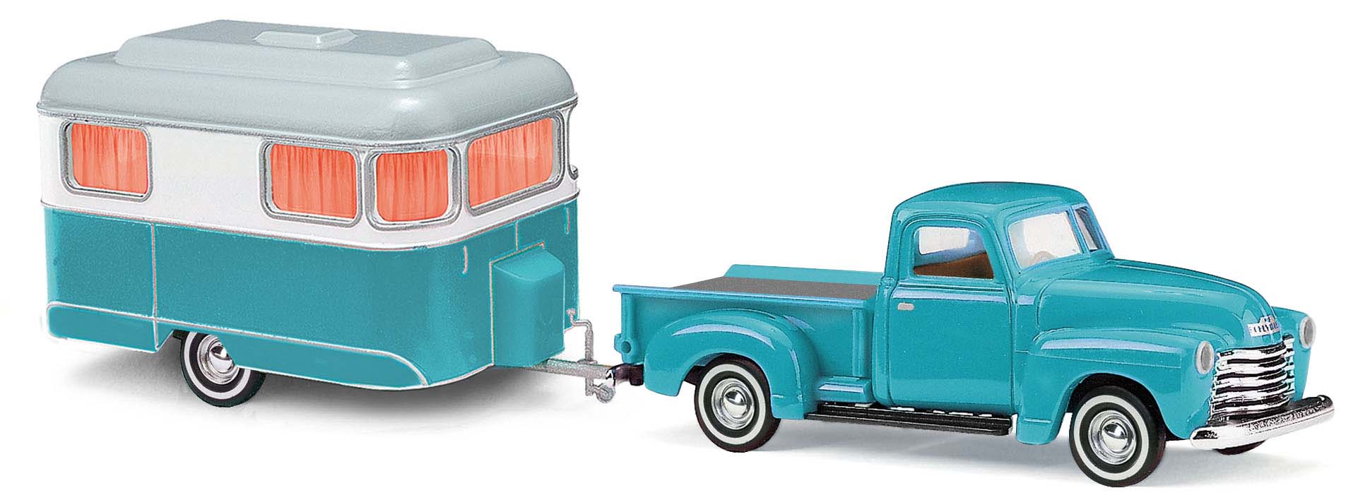 Busch 48243 Chevrolet Pick-up + Nagetusch Wohnwagen 1:87 Neu