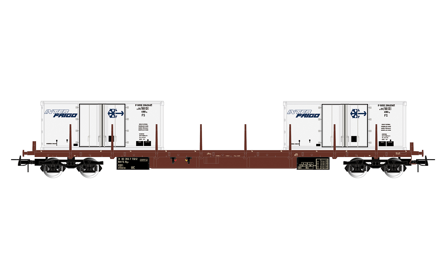Rivarossi HR6714 FS, Flachwagen Typ Rgs, braune Farbgebung, mit zwei 20'-Kühl