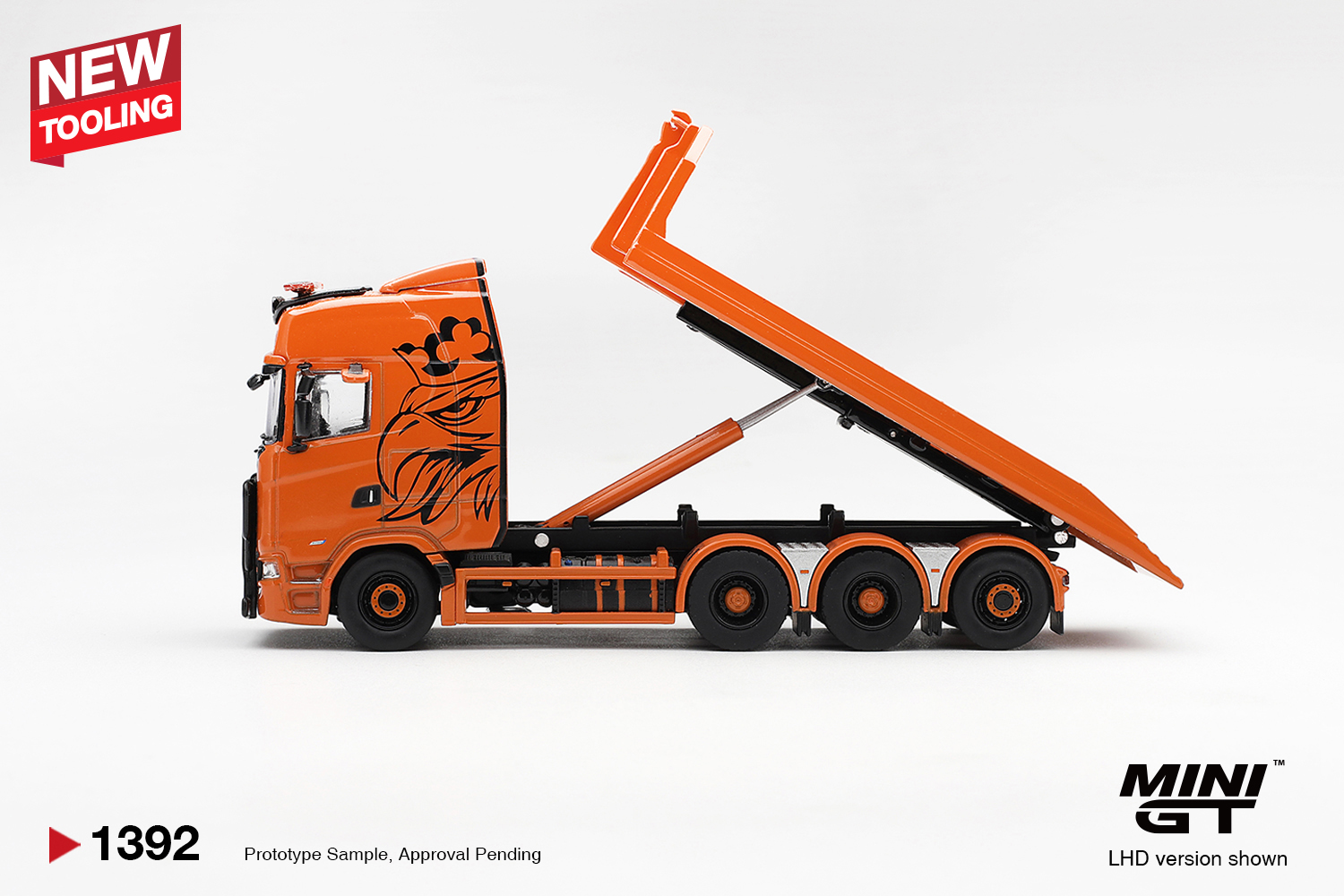 Mini GT 1392 1:64 SCANIA 770S B8X4NA HOOKLIFT FLATBED ORANGE 2025