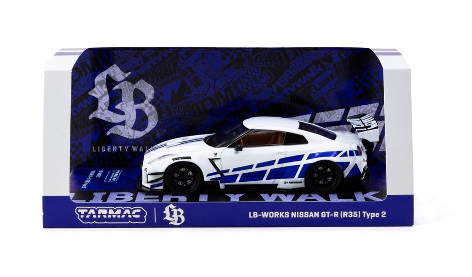 Tarmac Works T43-019-WH Nissan GT-R (R35) LB Work Type 2 weiss/blau 1:43